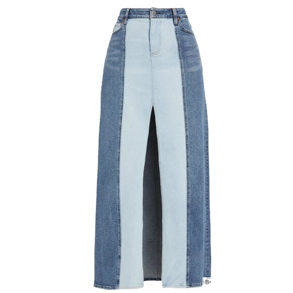 Alice + Olivia Rye Two-Tone Maxi Denim Skirt Size 26 Contrast Stitch Slit - Picture 1 of 12